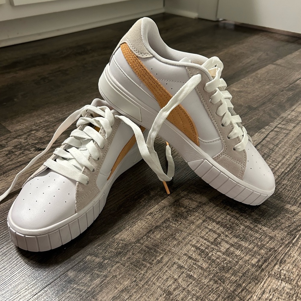 Puma White and Tan Classic Sneakers